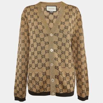 Pre Owned Gucci Beige Monogram Wool Metallic Trim Detail Button Front Cardigan M