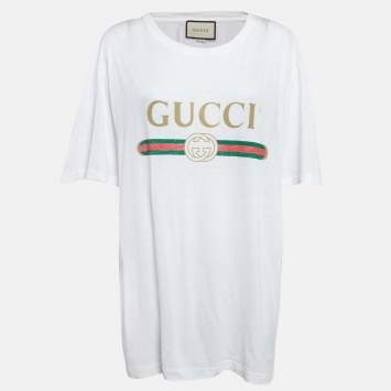 Pre Owned Gucci White Logo Print Cotton Jersey T-Shirt XL