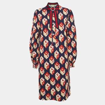 Pre Owned Gucci Blue GG Wallpaper Print Jersey Crystal Closure Midi Dress XXL