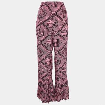 Pre Owned Gucci Pink Printed Silk Flared Trousers L