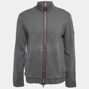 Gucci Grey Web Trim Cotton Knit Zip Front Hoodie XL