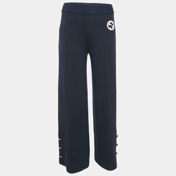 مملوكة مسبقًا Gucci Navy Blue Textured Stretch Knit Wide Leg Trousers M