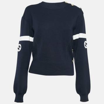 Pre Owned Gucci Navy Blue GG Interlock Waffle Knit Sweatshirt M