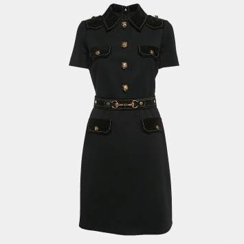 Pre Owned Gucci Black Embellished Closure Wool and Suede Belted Short Dress M