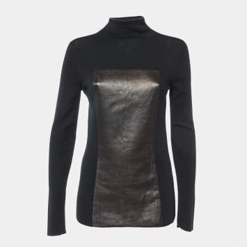 Pre Owned Gucci Black Knit Cashmere Leather Patch High Neck Sweater L