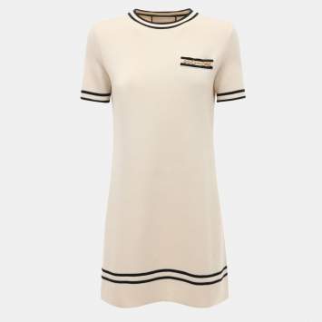 Pre Owned Gucci Cream Contrast Trim Wool Knit Horsebit Chain Detail Dress XL