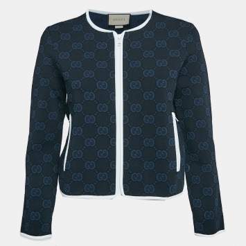 Pre Owned Gucci Navy Blue Zima Jacquard Knit Zip-Up Cardigan M