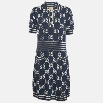 Pre Owned Gucci Blue Zima Jacquard Cotton Blend Knit Mini Dress L