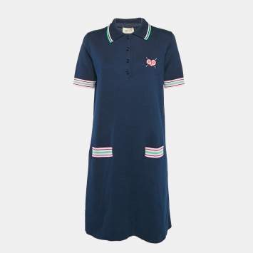 Pre Owned Gucci Navy Blue Knit Embroidered Mini Dress L