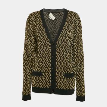 Pre Owned Gucci Black/Gold Logo Patterned Wool Blend Lurex Knit Cardigan S