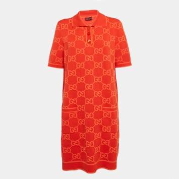 Pre Owned Gucci Red GG Jacquard Cotton Knit Midi Polo Dress XL
