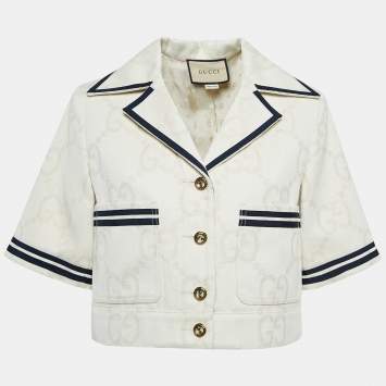 Pre Owned Gucci Light Beige Supreme Jacquard Canvas Crop Jacket M