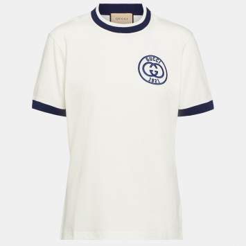 Pre Owned Gucci White GG Embroidered Cotton Jersey T-Shirt L