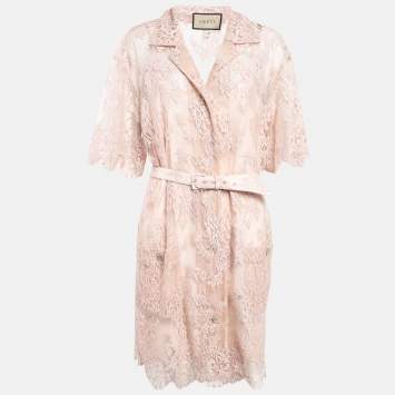 Gucci Pink Floral Lace Belted Shirt Dress XL