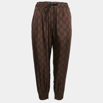 Pre Owned Gucci Brown Zima Print Silk Contrast Lurex Tape Trim Joggers M