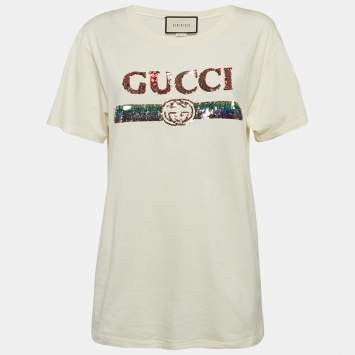 Pre Owned Gucci Cream Logo Sequin Embellished Round Neck Oversize T-Shirt S