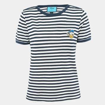 Pre Owned Gucci X Disney Navy Blue Striped and Pinhole Cotton T-Shirt L