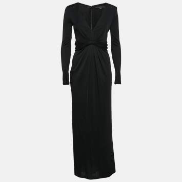 Pre Owned Gucci Black Jersey Gathered V-Neck Maxi Dress S