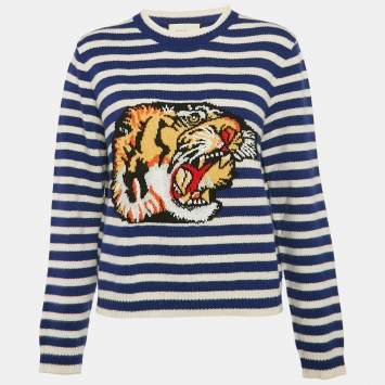 Pre Owned Gucci Blue/White Stripe Tiger Intarsia Wool Knit Jumper M