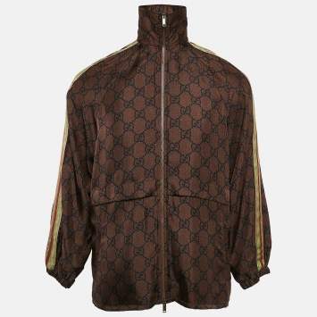 Pre Owned Gucci Brown GG Supreme Print Silk Zip-Up Jacket XS