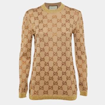 Pre Owned Gucci Beige GG Rhinestone Embellished Wool Knit Sweatshirt S