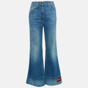 Gucci Blue Washed Denim Logo Patch Flared Jeans S Waist 26"