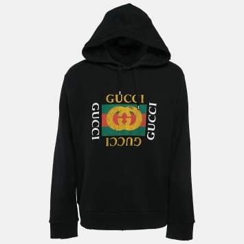 مملوكة مسبقًا Gucci Black Vintage Print Cotton Knit Distressed Hoodie XXL