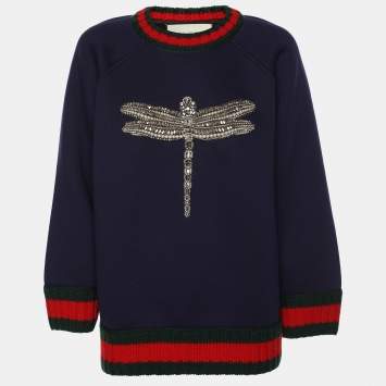 Pre Owned Gucci Navy Blue Knit Crystal Embroidered Dragonfly Patch Sweater M