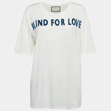 Pre Owned Gucci White Blind For Love Sequin Jersey Oversized T-Shirt M