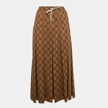 Pre Owned Gucci Brown GG Supreme Print Jersey Pleated Maxi Skirt M