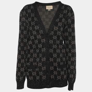Pre Owned Gucci Black GG Lurex Knit Button Front Cardigan L