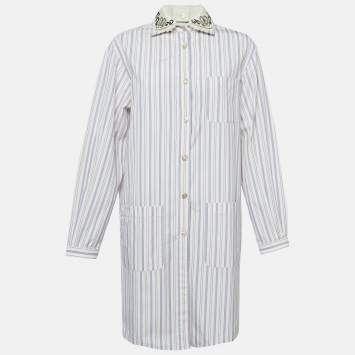 Pre Owned Gucci White Stripe Cotton Detachable Embellished Collar Shirt Dress M