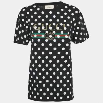 Pre Owned Gucci Black Vintage Logo and Polka-Dots Print Jersey T-Shirt XS