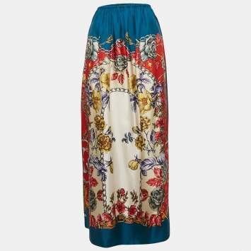Pre Owned Gucci Teal Blue/ Red Floral Print Silk Gathered Maxi Skirt M