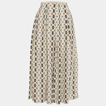 مملوكة مسبقًا Gucci Beige Web Kisses & Logo Monogram Print Silk Pleated Midi Skirt S