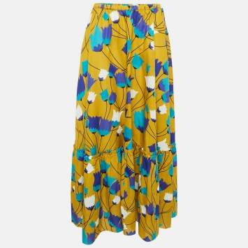 Pre Owned Gucci Yellow/Blue Floral Print Cotton Tiered Maxi Skirt M