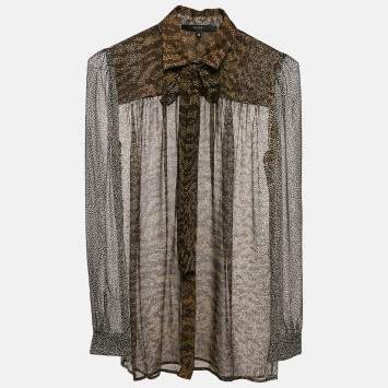 Pre Owned Gucci Brown Printed Chiffon Tie-Up Detail Sheer Shirt S