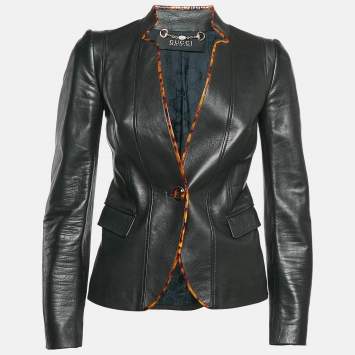 Pre Owned Gucci Black Contrast Trim Leather Button Front Jacket S