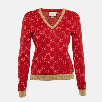 Pre Owned Gucci Red GG Lamé Knit V-Neck Sweater S
