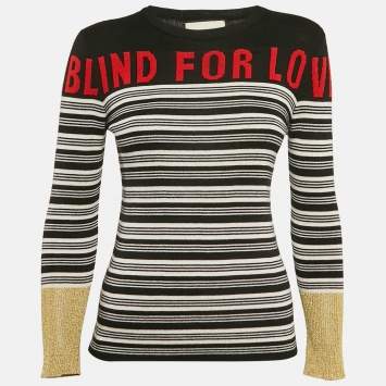 Pre Owned Gucci Black/White Blind For Love Intarsia  Lamé and Cashmere Knit Sweater XS