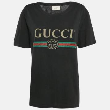 Pre Owned Gucci Black Vintage Logo Print Jersey Distressed T-Shirt XS