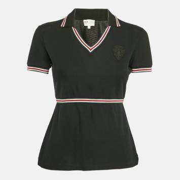 Pre Owned Gucci Black Applique Cotton Pique Cinched Waist Equestrian T-Shirt S