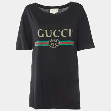 Pre Owned Gucci Black Vintage Logo Print Cotton Distressed T-Shirt M