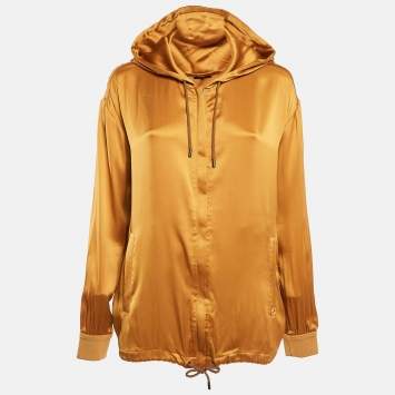 Pre Owned Gucci Mustard Yellow Satin Silk Zip-Up Hooded Jacket S