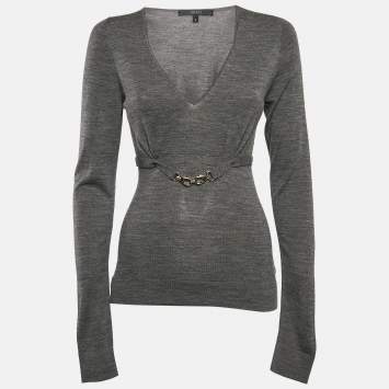 Pre Owned Gucci Grey Wool Knit Belted Long Sleeve Top S