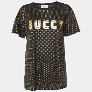 Pre Owned Gucci Black Guccy Star Print Cotton Crew Neck T-Shirt S
