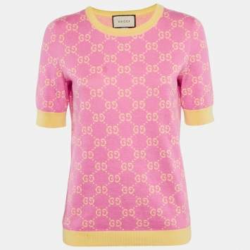 Pre Owned Gucci Pink/Yellow GG Supreme Jacquard Cotton Sweater Top L
