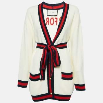 Pre Owned Gucci Cream 'Blind For Love' Cotton Belted Cardigan S