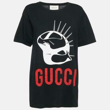 Pre Owned Gucci Black Manifesto Mask Print Cotton Crew Neck T-Shirt M