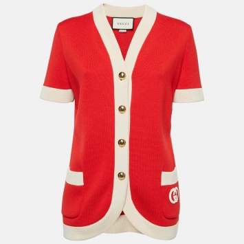 Pre Owned Gucci Red Interlocking G Wool Knit Button Front Cardigan M